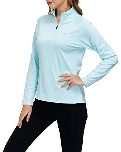 AjezMax Ladies Long Sleeve Top Running Shirts Jackets Half Zipper Yoga Gym Workout Fitness Tee Shirts Women Light-Blue Size L