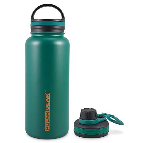 Polar Gear Insulated Vacuum Flask – Hydra Surge Large Water Bottle Kit with 2 Cap Options – Double Wall Stainless Steel – Keep Drinks 6 Hours Hot & 12 Hours Cold – Sports, Hikes & Gym – Green, 1 Litre