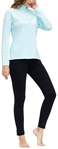 AjezMax Ladies Long Sleeve Top Running Shirts Jackets Half Zipper Yoga Gym Workout Fitness Tee Shirts Women Light-Blue Size L