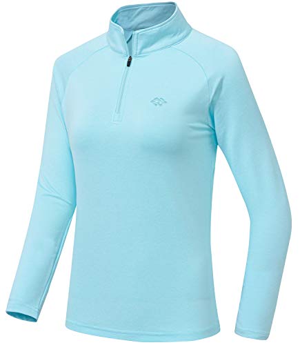 AjezMax Ladies Long Sleeve Top Running Shirts Jackets Half Zipper Yoga Gym Workout Fitness Tee Shirts Women Light-Blue Size L