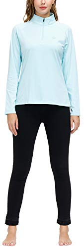 AjezMax Ladies Long Sleeve Top Running Shirts Jackets Half Zipper Yoga Gym Workout Fitness Tee Shirts Women Light-Blue Size L