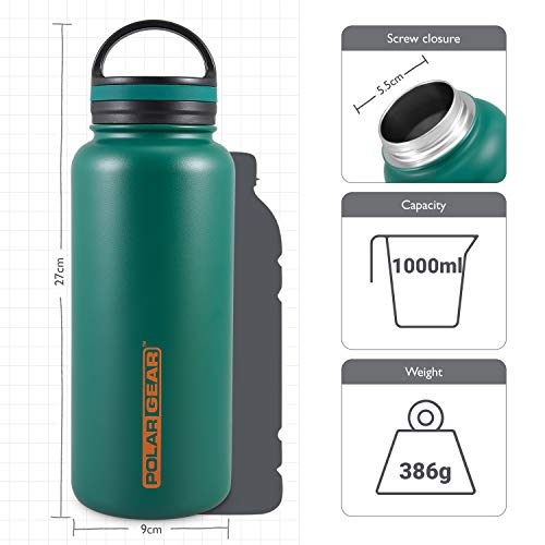 Polar Gear Insulated Vacuum Flask – Hydra Surge Large Water Bottle Kit with 2 Cap Options – Double Wall Stainless Steel – Keep Drinks 6 Hours Hot & 12 Hours Cold – Sports, Hikes & Gym – Green, 1 Litre