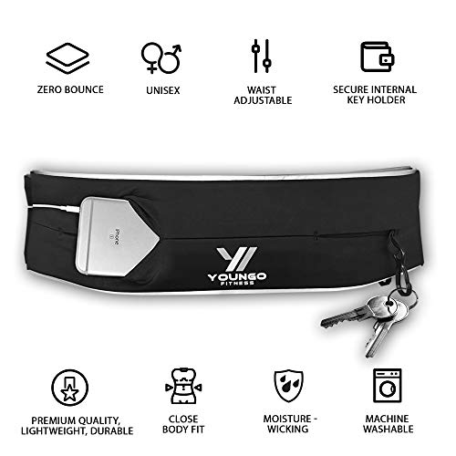 YOUNGO Running Belt for Women and Men – Mobile Phone Running Holder Waist Pack with Reflective Strips– Adjustable, Lightweight Flip Waist Belt with Key Clip - Double Opening Bum Bag