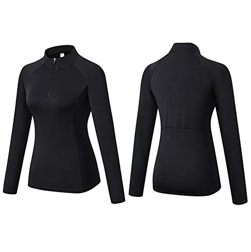 Minghe Womens Long Sleeve Workout Thumb Holes Yoga Pullover 1/4 Zip Running Jacket, Black, L