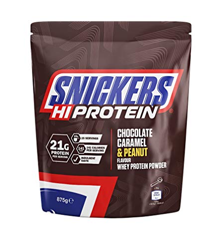 Snickers Hi Protein Chocolate, Caramel & Peanut Flavour Whey Protein Shake Powder 875g Pouch, Contains 25 Servings, 21g Protein Per Serving, Suitable for Vegetarians