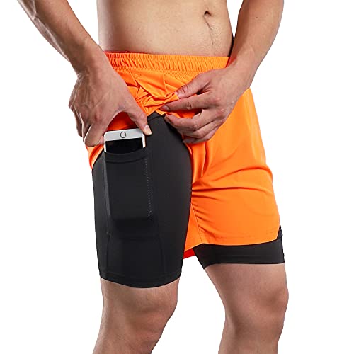 Pateacd 2 in 1 Running Shorts Men with Phone Pocket, Zip Pockets and Compression Liner Quick Dry Breathable Gym Shorts Mens,Orange,S - Gym Store | Gym Equipment | Home Gym Equipment | Gym Clothing