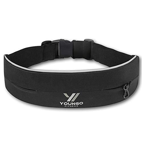 YOUNGO Running Belt for Women and Men – Mobile Phone Running Holder Waist Pack with Reflective Strips– Adjustable, Lightweight Flip Waist Belt with Key Clip - Double Opening Bum Bag