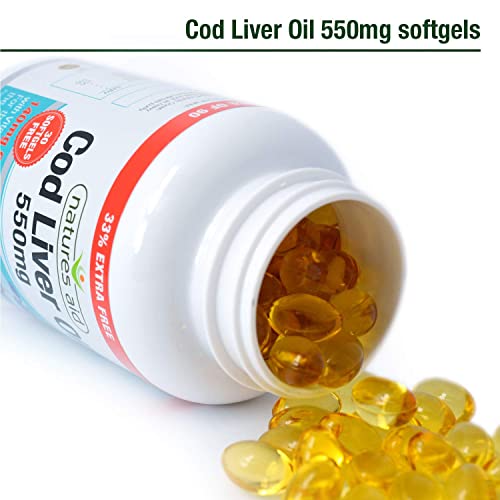 Natures Aid Cod Liver Oil 550 mg 120 Softgel Capsules (Providing 120 mg Omega-3, with Vitamins A and D, For The Normal Function of the Immune System, Purity Guaranteed, Made in the UK)