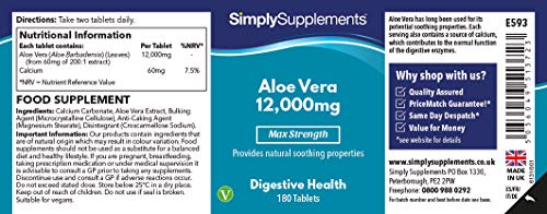 Aloe Vera Tablets 12,000mg | Digestive Support Supplement | Vegan & Vegetarian Friendly | 180 Aloe Vera Extract Tablets = 3 Month Supply | Manufactured in The UK