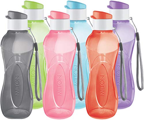 Milton Water Bottle Kids Reusable Leakproof 12 Oz Plastic Wide Mouth Large Big Drink Bottle BPA & Leak Free with Handle Strap Carrier for Cycling Camping Hiking Gym Yoga (Set of 6)