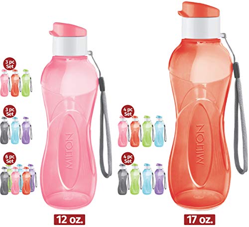 Milton Water Bottle Kids Reusable Leakproof 12 Oz Plastic Wide Mouth Large Big Drink Bottle BPA & Leak Free with Handle Strap Carrier for Cycling Camping Hiking Gym Yoga (Set of 6)