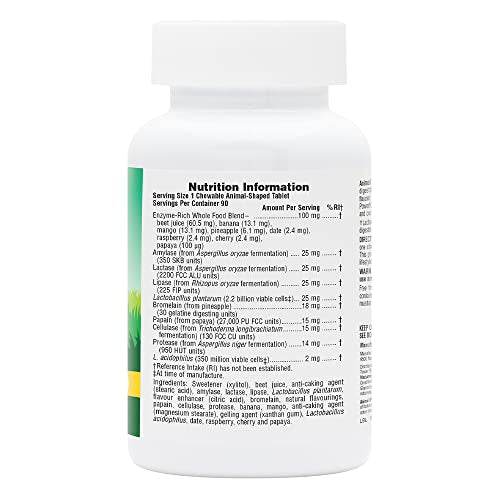 NaturesPlus Animal Parade Tummy Zyme Children’s Chewable Digestive Support - Active Enzymes, Lactase, Live Probiotics and Whole Foods - Vegetarian, Gluten Free - Tropical Fruit Flavour - 90 Animal Shaped Tablets