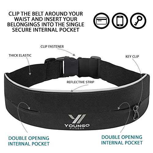 YOUNGO Running Belt for Women and Men – Mobile Phone Running Holder Waist Pack with Reflective Strips– Adjustable, Lightweight Flip Waist Belt with Key Clip - Double Opening Bum Bag