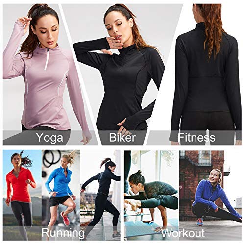 Minghe Womens Long Sleeve Workout Thumb Holes Yoga Pullover 1/4 Zip Running Jacket, Black, L