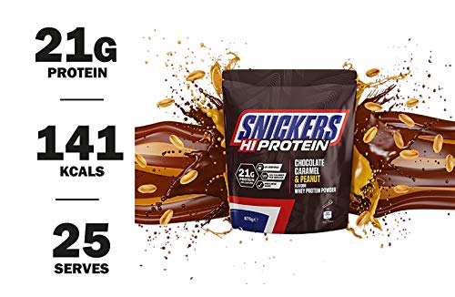 Snickers Hi Protein Chocolate, Caramel & Peanut Flavour Whey Protein Shake Powder 875g Pouch, Contains 25 Servings, 21g Protein Per Serving, Suitable for Vegetarians