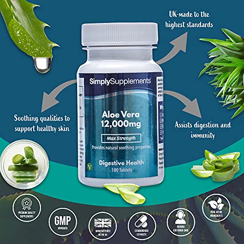 Aloe Vera Tablets 12,000mg | Digestive Support Supplement | Vegan & Vegetarian Friendly | 180 Aloe Vera Extract Tablets = 3 Month Supply | Manufactured in The UK