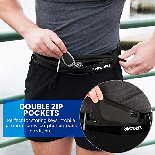 Proworks Sports Running Belt Bag with Adjustable Waist Strap, Twin Zipper Storage Pouch & Reflective Strip | Compatible with most Phones Models - Black - Large - 34