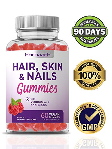 Hair, Skin & Nails Vegan Gummies | Natural Raspberry Flavour | 5000mcg Biotin, Vitamins A, B12, B6, C, D, E, Zinc | 60 Gluten Free Gummy Bears