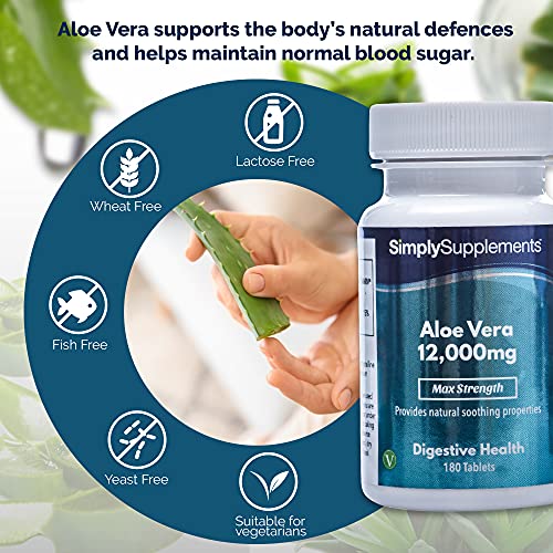 Aloe Vera Tablets 12,000mg | Digestive Support Supplement | Vegan & Vegetarian Friendly | 180 Aloe Vera Extract Tablets = 3 Month Supply | Manufactured in The UK