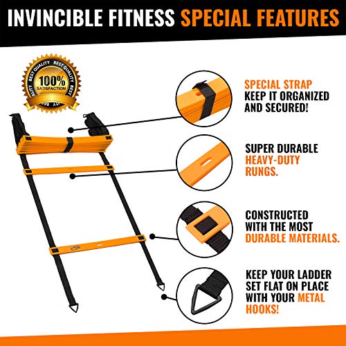 Invincible Fitness Agility Ladder Training Equipment Set, Improves Coordination, Speed, Power and Strength, Includes 10 Cones, 4 Hooks and 3 Loop Resistance Bands for Outdoor Workout (Orange)