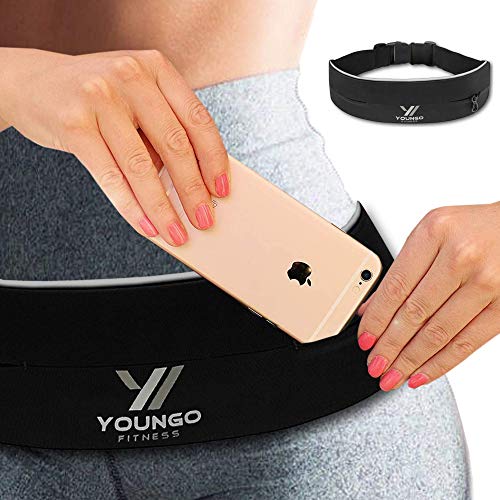 YOUNGO Running Belt for Women and Men – Mobile Phone Running Holder Waist Pack with Reflective Strips– Adjustable, Lightweight Flip Waist Belt with Key Clip - Double Opening Bum Bag