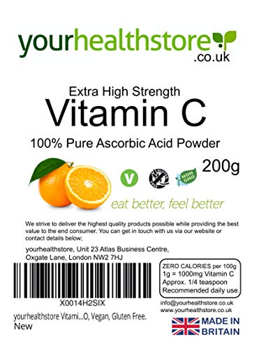 yourhealthstore Vitamin C Powder 200g, Extra High Strength Ascorbic Acid – 100% Pure British Pharmaceutical Grade – Non-GMO, Vegan, Gluten Free.