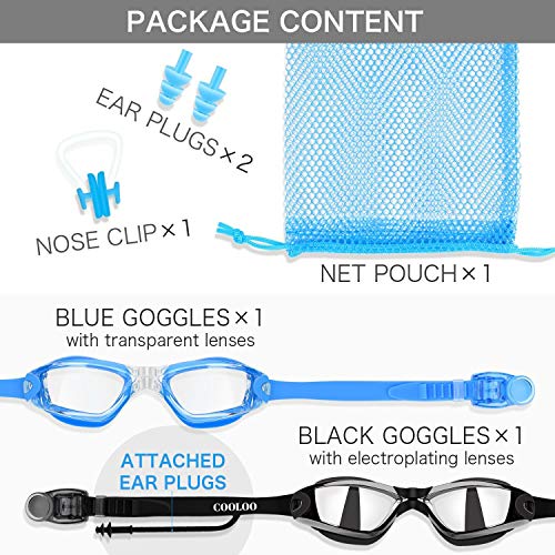 COOLOO Swimming Goggles, Pack of 2, Swim Goggles for Adult Men Women Youth Kids Children, with Anti-Fog, Waterproof, Protection Lenses