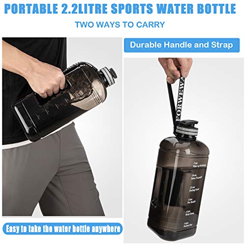 Water Bottle 2.2 Litre Triangular Extra-Strong 100% Leak proof Eco Plastic BPA Free 2.2L Large Half Gallon Gym Water Jug with Handle Time Marking (2.2L Black)