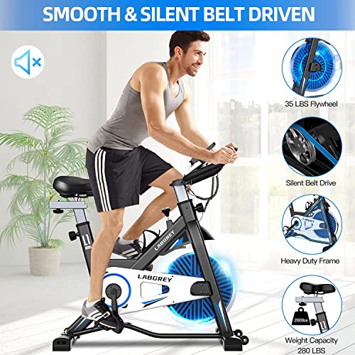 LABGREY Exercise Bike Indoor Cycling Bike Stationary Cycle Bike with Heart Rate Sensor & Comfortable Seat Cushion, Quiet Fitness Bike for Home Cardio Workout (Blue)