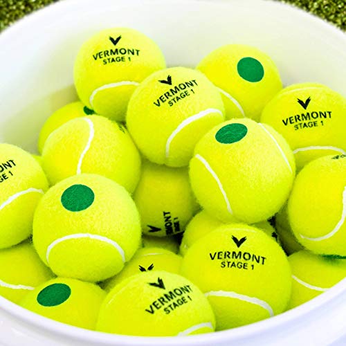 Vermont Tennis Balls | Training Tennis Balls – ITF Approved Mini Tennis Balls All Court Surfaces [Bulk Buy] (Mini Green (Stage 1), 60-Ball Bucket)