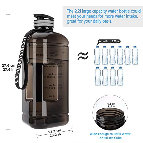 Water Bottle 2.2 Litre Triangular Extra-Strong 100% Leak proof Eco Plastic BPA Free 2.2L Large Half Gallon Gym Water Jug with Handle Time Marking (2.2L Black)