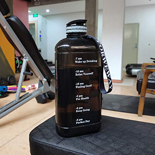 Water Bottle 2.2 Litre Triangular Extra-Strong 100% Leak proof Eco Plastic BPA Free 2.2L Large Half Gallon Gym Water Jug with Handle Time Marking (2.2L Black)