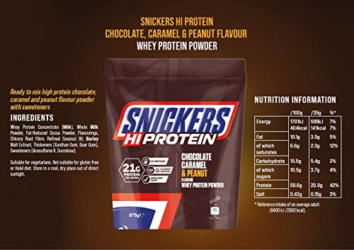 Snickers Hi Protein Chocolate, Caramel & Peanut Flavour Whey Protein Shake Powder 875g Pouch, Contains 25 Servings, 21g Protein Per Serving, Suitable for Vegetarians