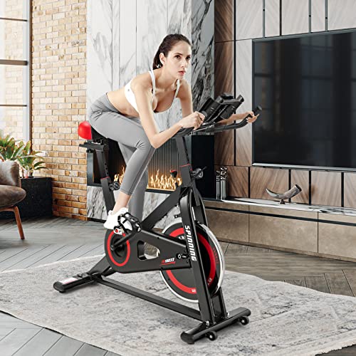 COSTWAY Indoor Cycling Exercise Bike, Home Gym Spinning Bicycle with Adjustable Resistance, Seat and Handlebar, LCD Monitor, Cup Holder, Transport Wheels