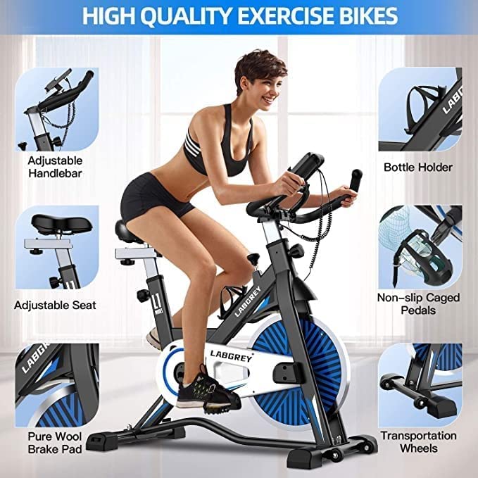 LABGREY Exercise Bike Indoor Cycling Bike Stationary Cycle Bike with Heart Rate Sensor & Comfortable Seat Cushion, Quiet Fitness Bike for Home Cardio Workout (Blue)