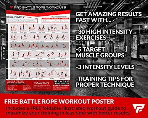 Pro Battle Ropes with Anchor Strap Kit and Exercise Poster – Upgraded Durable Protective Sleeve – 100% Poly Dacron Heavy Battle Rope for Strength Training, Cardio Fitness, CrossFit Rope (1.5” x 30 ft)